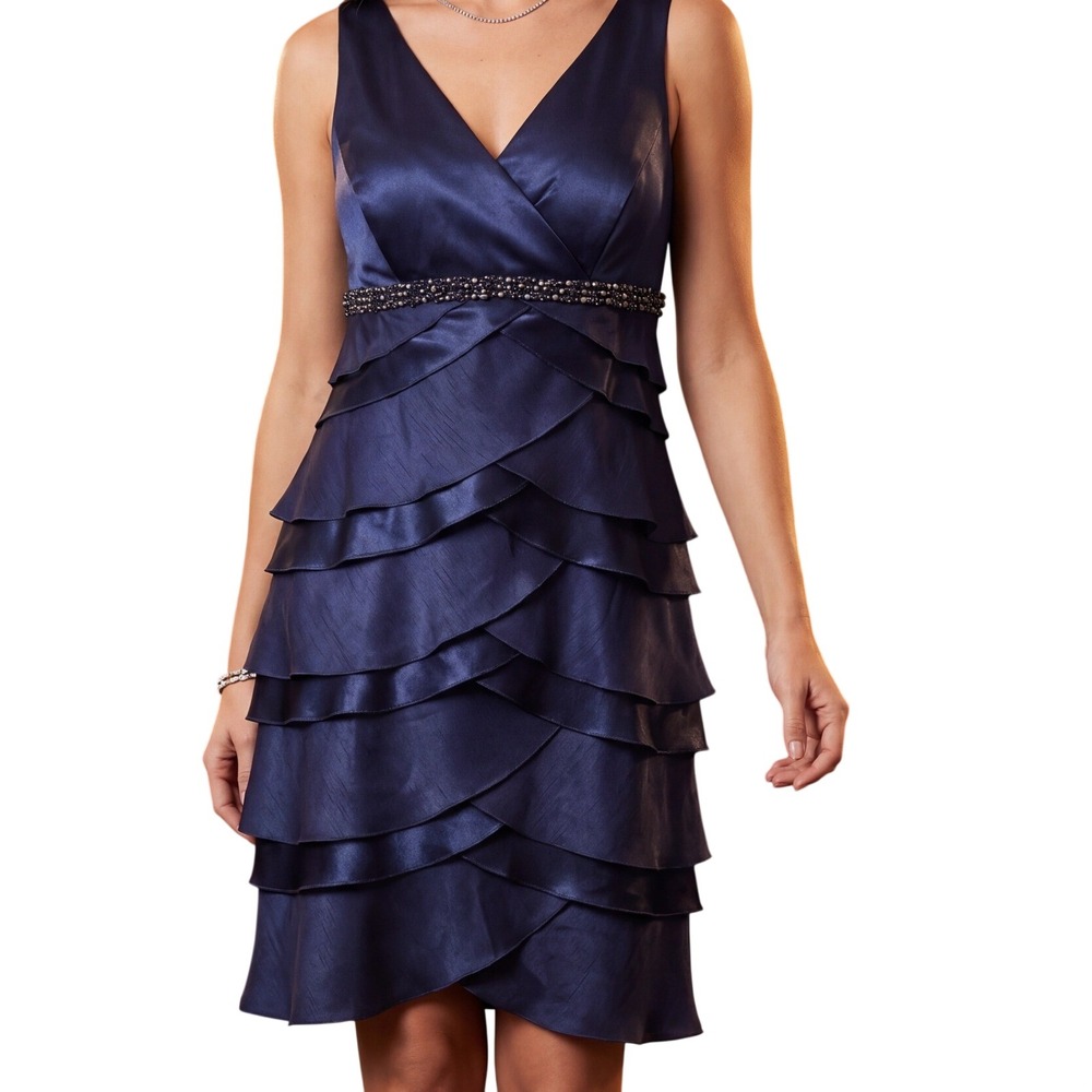 Jessica Howard Navy Blue Satin Tiered Beaded Shift Dress VTG Womens 14P Petite